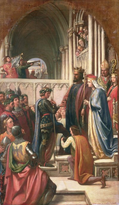 Edward III verleent de Orde van de Kousenband aan Edward de Zwarte Prins, 1847 door Charles West Cope